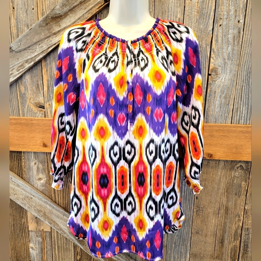 Chicos Bright Geometric Peacock size 0 (small) lightweight 3/4 sleeve EUC ^*